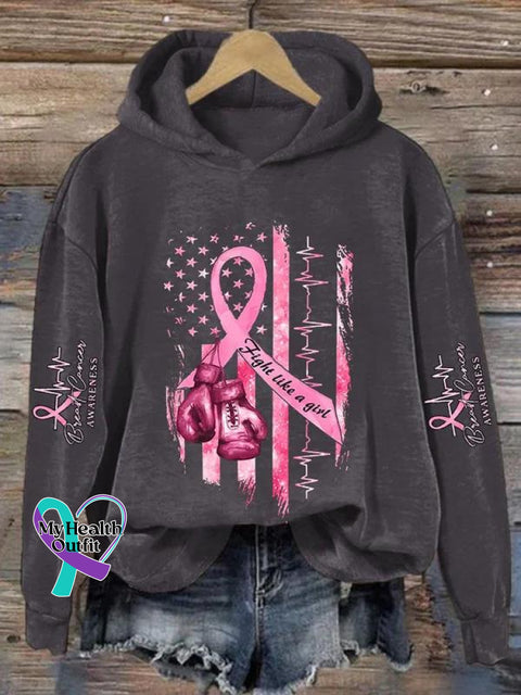 ’Fight Like A Girl’ Breast Cancer Awareness Graphic Printed Casual Hoodie Sweatshirt Dark Grey / S