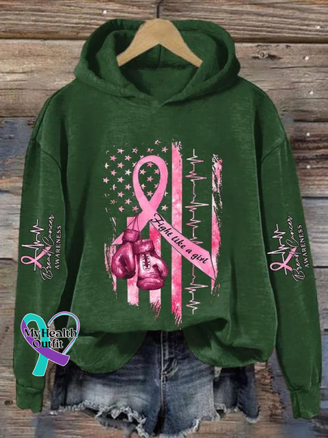 ’Fight Like A Girl’ Breast Cancer Awareness Graphic Printed Casual Hoodie Sweatshirt Green / S