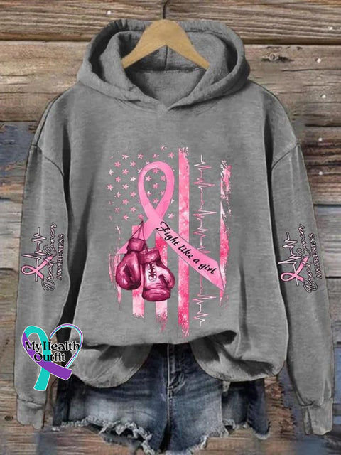 ’Fight Like A Girl’ Breast Cancer Awareness Graphic Printed Casual Hoodie Sweatshirt Light Grey / S
