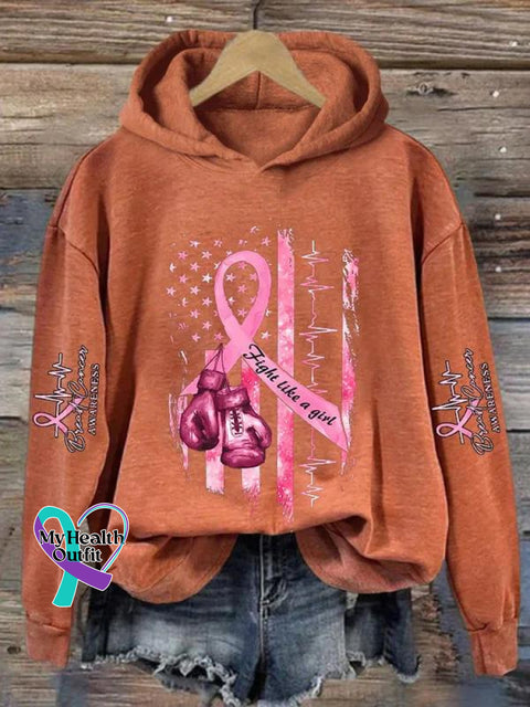 ’Fight Like A Girl’ Breast Cancer Awareness Graphic Printed Casual Hoodie Sweatshirt Orange / S