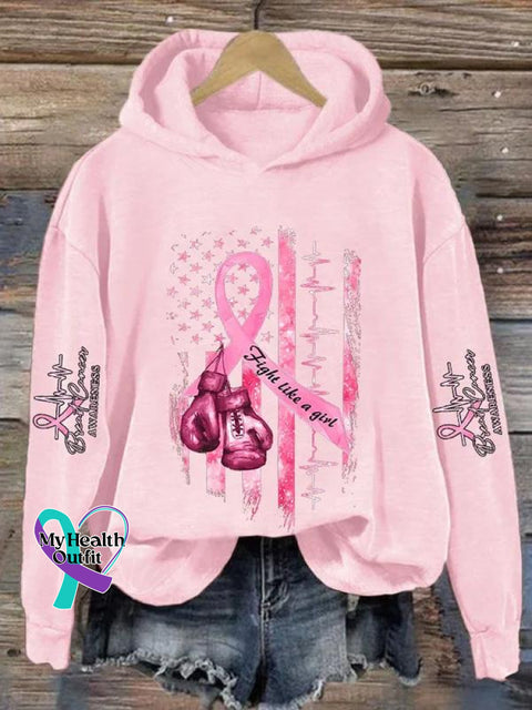 ’Fight Like A Girl’ Breast Cancer Awareness Graphic Printed Casual Hoodie Sweatshirt Pink / S