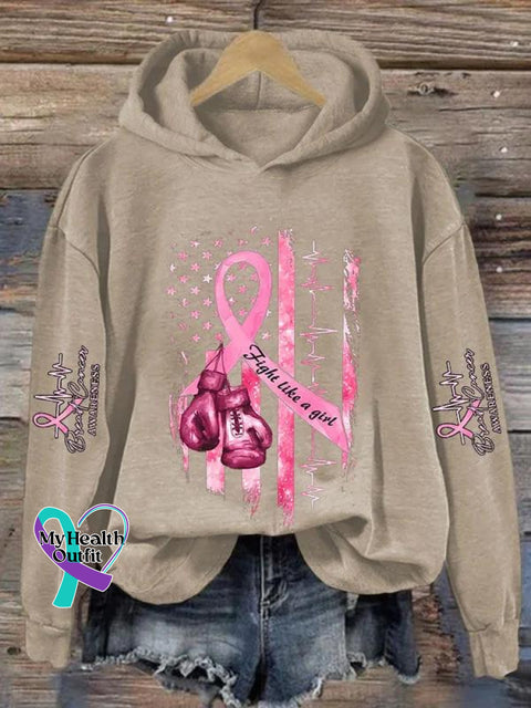 ’Fight Like A Girl’ Breast Cancer Awareness Graphic Printed Casual Hoodie Sweatshirt Sand / S