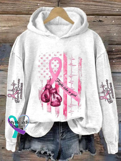 ’Fight Like A Girl’ Breast Cancer Awareness Graphic Printed Casual Hoodie Sweatshirt White / S