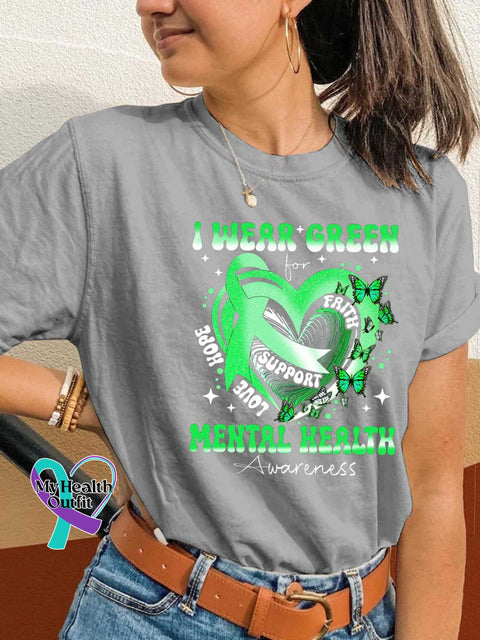 Fight The Stigma Mental Health Awareness Green Ribbon Heart T-shirt Grey / S