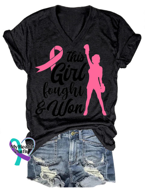 Fight With Breast Cancer Casual V-Neck Short Sleeve T-Shirt Black / S
