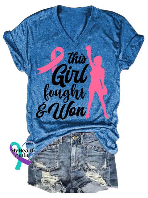 Fight With Breast Cancer Casual V-Neck Short Sleeve T-Shirt Blue / S