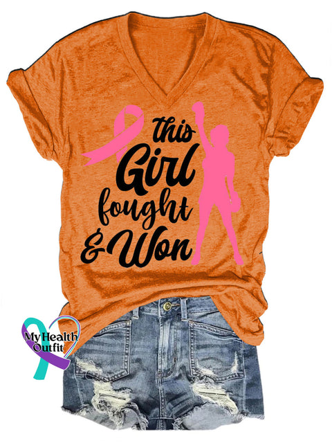 Fight With Breast Cancer Casual V-Neck Short Sleeve T-Shirt Orange / S