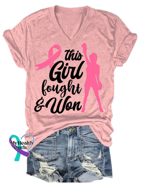Fight With Breast Cancer Casual V-Neck Short Sleeve T-Shirt Pink / S