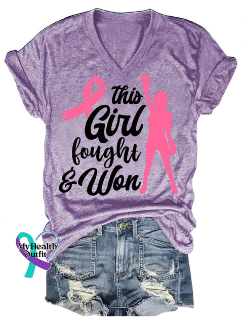 Fight With Breast Cancer Casual V-Neck Short Sleeve T-Shirt Purple / S