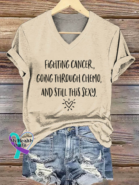 Fighting Cancer Art Print Casual V-neck Cotton T-Shirt Apricot / S