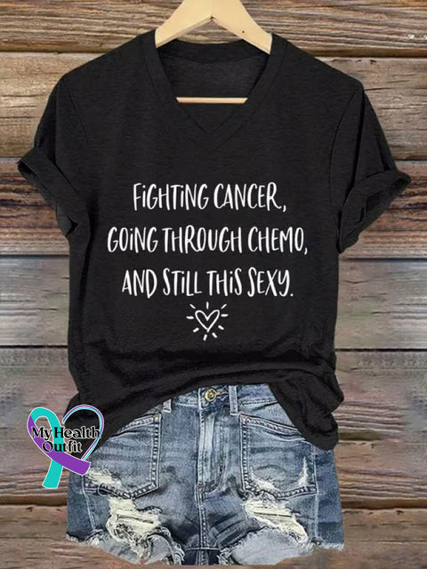 Fighting Cancer Art Print Casual V-neck Cotton T-Shirt Black / S