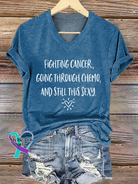 Fighting Cancer Art Print Casual V-neck Cotton T-Shirt Blue / S