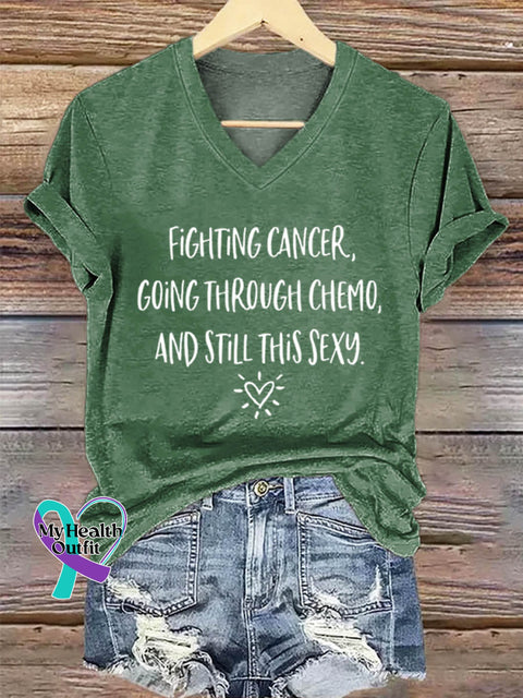 Fighting Cancer Art Print Casual V-neck Cotton T-Shirt Green / S
