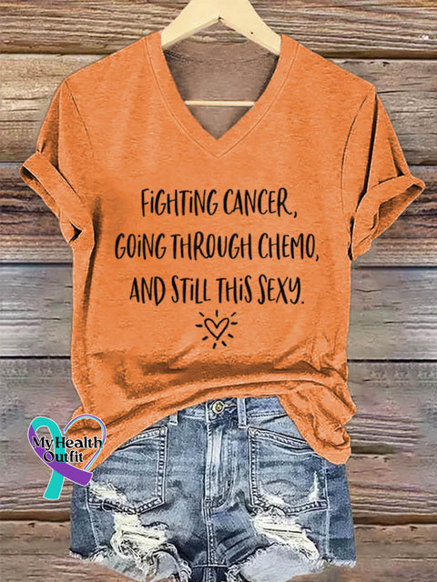 Fighting Cancer Art Print Casual V-neck Cotton T-Shirt Orange / S