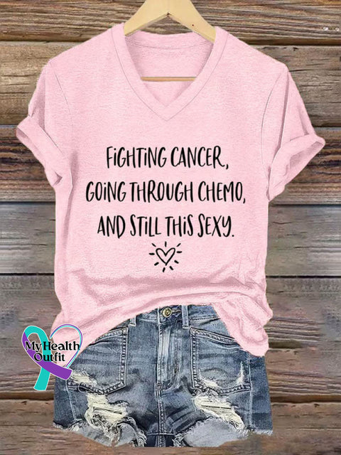 Fighting Cancer Art Print Casual V-neck Cotton T-Shirt Pink / S