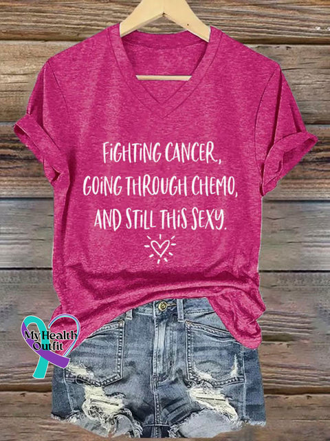 Fighting Cancer Art Print Casual V-neck Cotton T-Shirt Purple / S