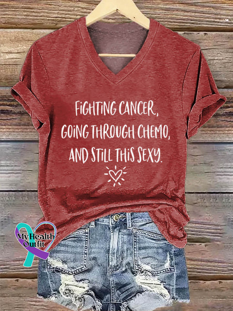 Fighting Cancer Art Print Casual V-neck Cotton T-Shirt Red / S