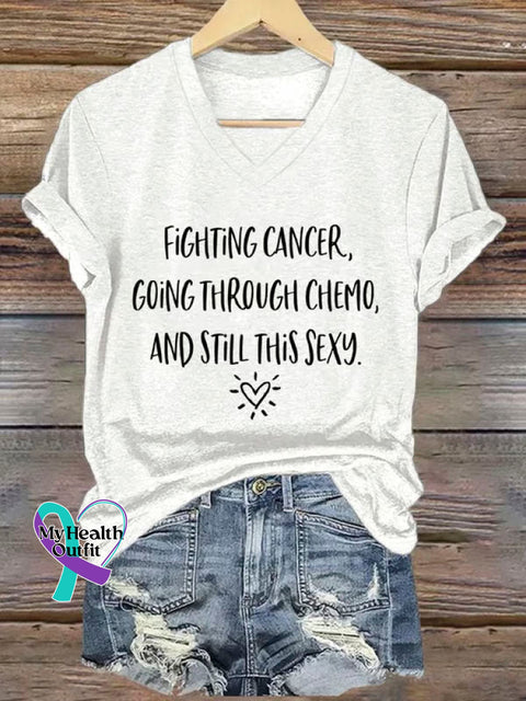 Fighting Cancer Art Print Casual V-neck Cotton T-Shirt White / S