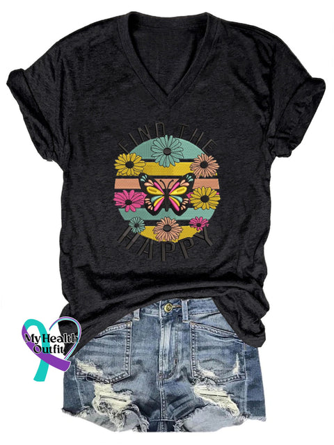 Find The Happy Printed Casual V-Neck Short Sleeve T-Shirt Black / S