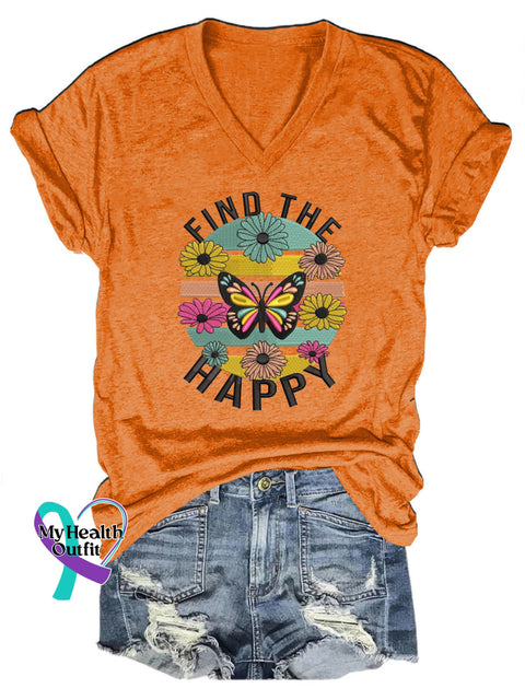 Find The Happy Printed Casual V-Neck Short Sleeve T-Shirt Orange / S