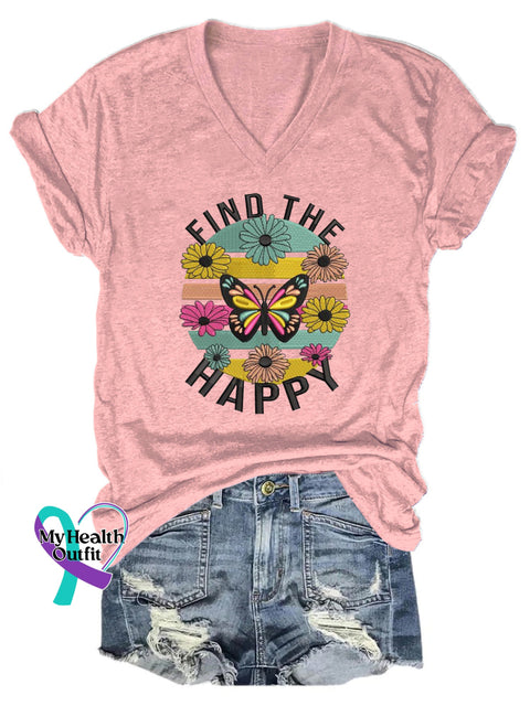 Find The Happy Printed Casual V-Neck Short Sleeve T-Shirt Pink / S