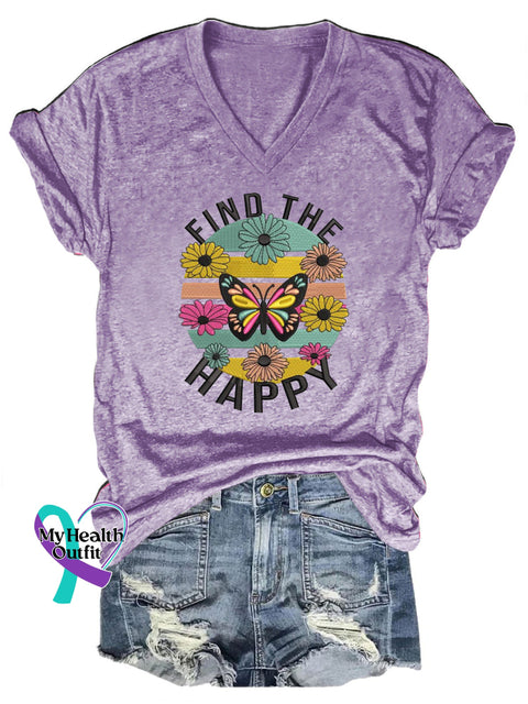 Find The Happy Printed Casual V-Neck Short Sleeve T-Shirt Purple / S