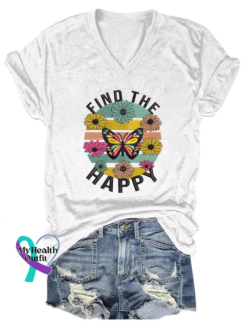 Find The Happy Printed Casual V-Neck Short Sleeve T-Shirt White / S