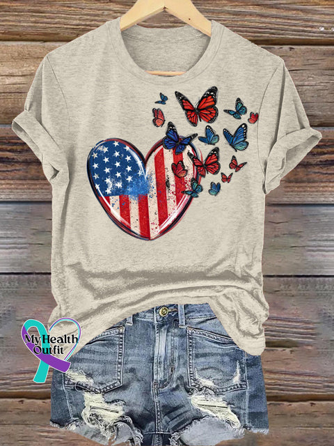 Flag Love Butterfly Print Casual Round Neck Short Sleeve T-Shirt Beige / S