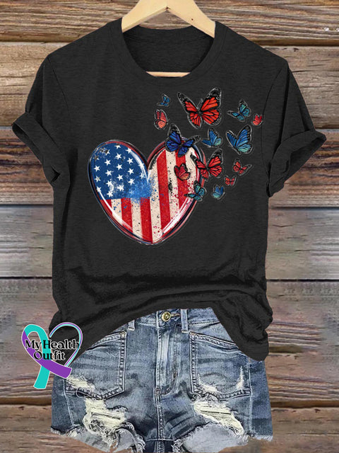 Flag Love Butterfly Print Casual Round Neck Short Sleeve T-Shirt Black / S