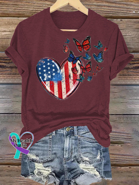 Flag Love Butterfly Print Casual Round Neck Short Sleeve T-Shirt Brown / S