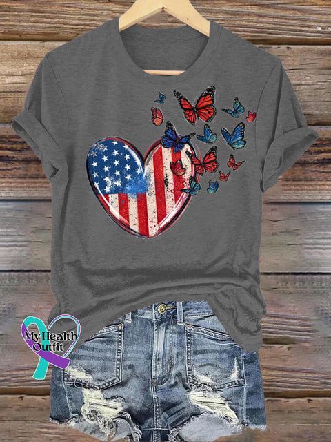 Flag Love Butterfly Print Casual Round Neck Short Sleeve T-Shirt Grey / S