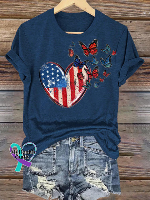 Flag Love Butterfly Print Casual Round Neck Short Sleeve T-Shirt NavyBlue / S