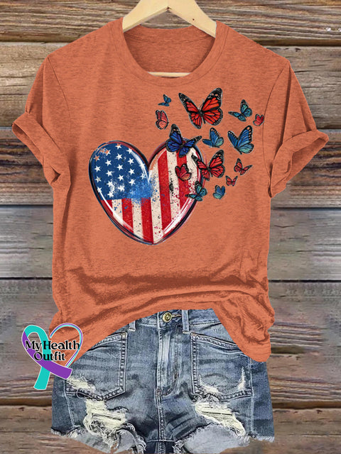Flag Love Butterfly Print Casual Round Neck Short Sleeve T-Shirt Orange / S
