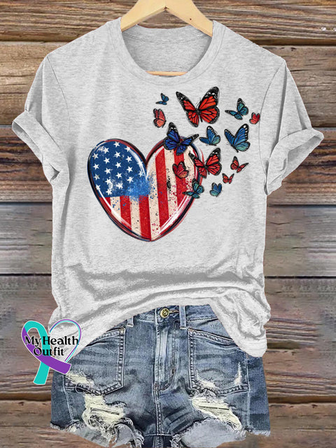 Flag Love Butterfly Print Casual Round Neck Short Sleeve T-Shirt White / S