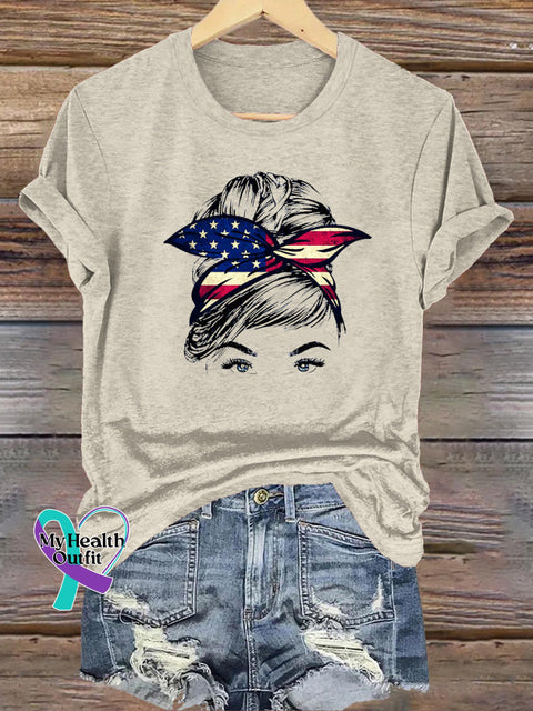 Flag Portrait Print Casual Round Neck Short Sleeve T-Shirt Beige / S