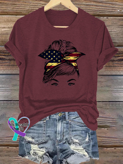 Flag Portrait Print Casual Round Neck Short Sleeve T-Shirt Brown / S