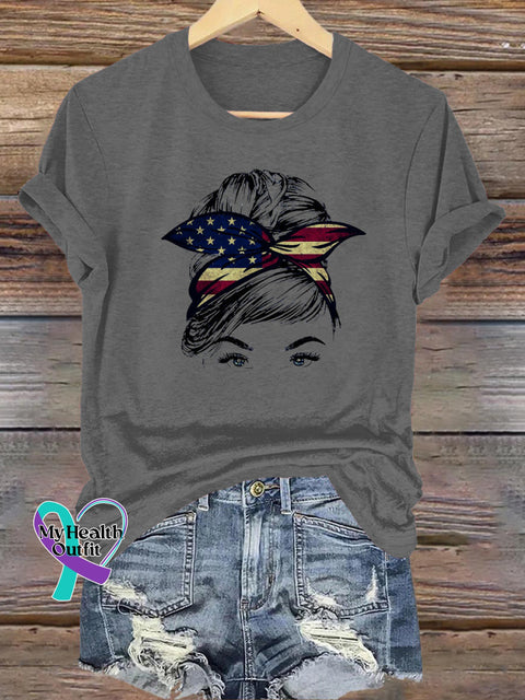 Flag Portrait Print Casual Round Neck Short Sleeve T-Shirt Grey / S