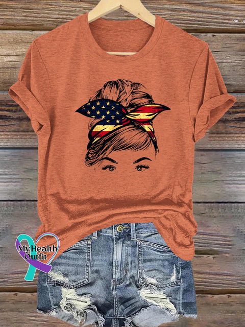Flag Portrait Print Casual Round Neck Short Sleeve T-Shirt Orange / S