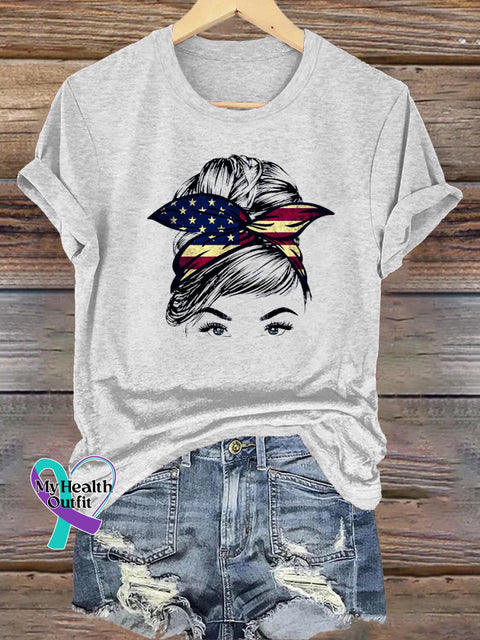 Flag Portrait Print Casual Round Neck Short Sleeve T-Shirt White / S