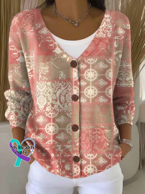 Flora Abstract Breast Cancer Awareness Art Print Buttoned V neck Cardigan Sweater Multicolor / S