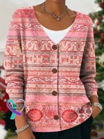 Flora Art Vintage Breast Cancer Awareness Print Buttoned V-neck Cardigan Sweater Multicolor / S