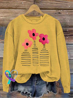 Flora Art Vintage Print Casual Sweatshirt Yellow / S