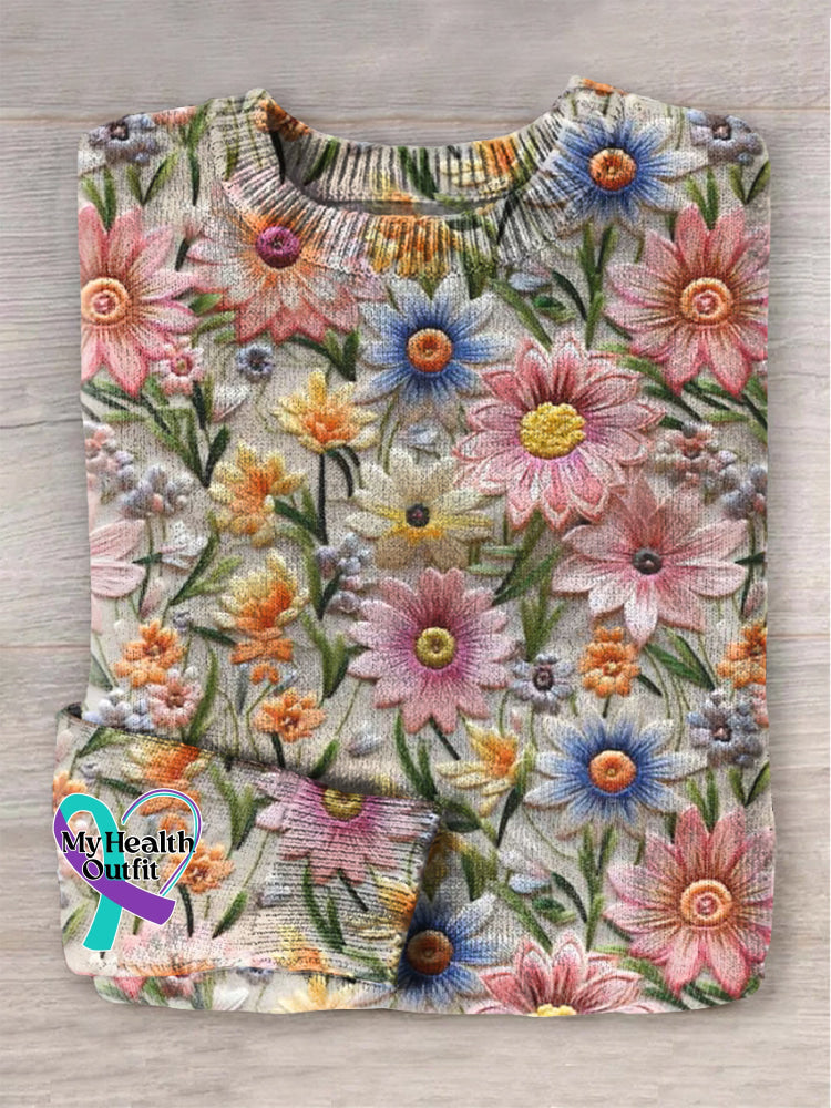 Flora Breast Cancer Awareness Art Print Knit Pullover Sweater Multicolor / S