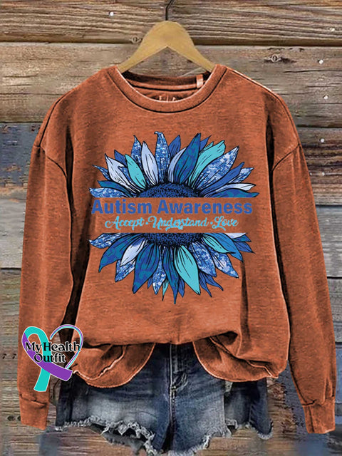 Floral Accept Understand Love Autism Awareness Casual Sweatshirt Orange / S
