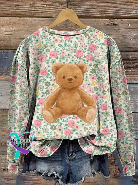 Floral And Teddy Bear Decorative Pattern Casual Sweatshirt