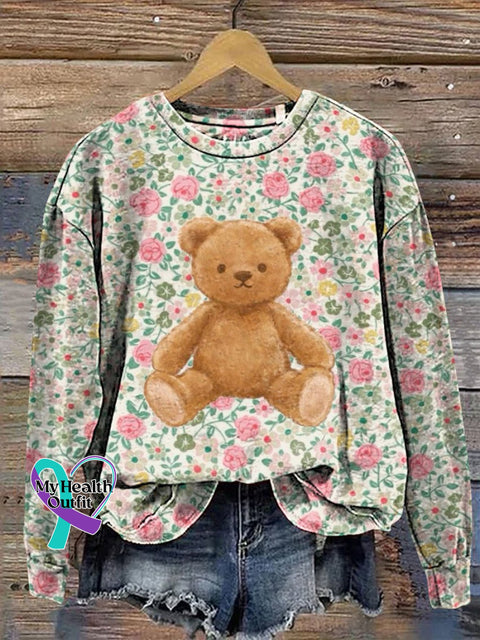 Floral And Teddy Bear Decorative Pattern Casual Sweatshirt Multicolor / S