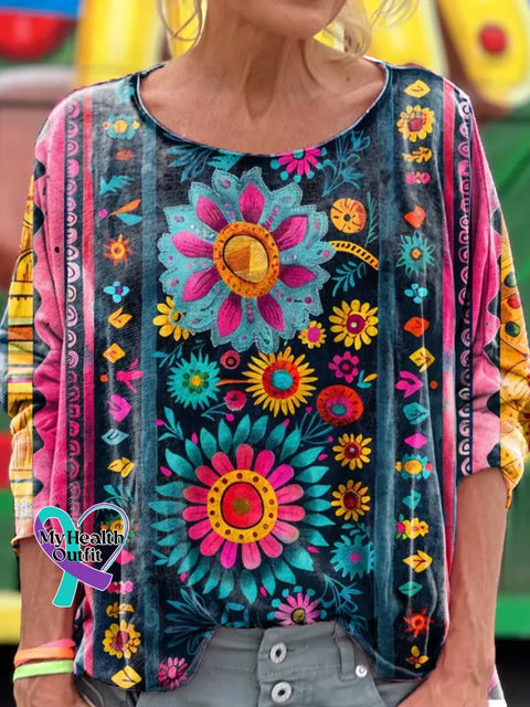Floral Art Print Casual Long Sleeve T-shirt Multicolor / S