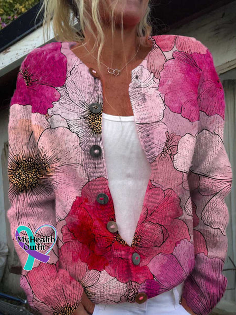 Floral Breast Cancer Awareness Art Print Buttoned Cardigan Sweater Multicolor / S
