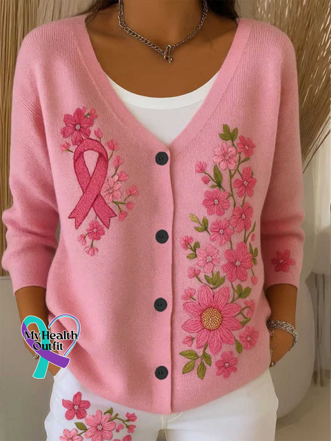 Floral Breast Cancer Awareness Print Buttoned V neck Cardigan Sweater Multicolor / S