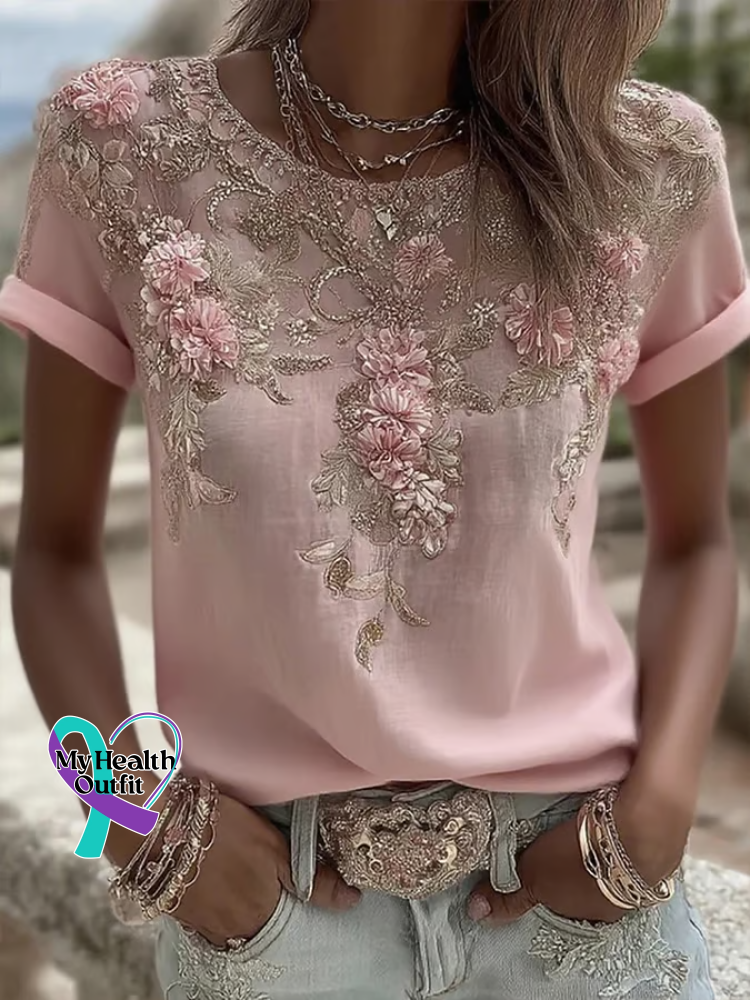 Floral Breast Cancer Awareness Print T shirt Multicolor / S